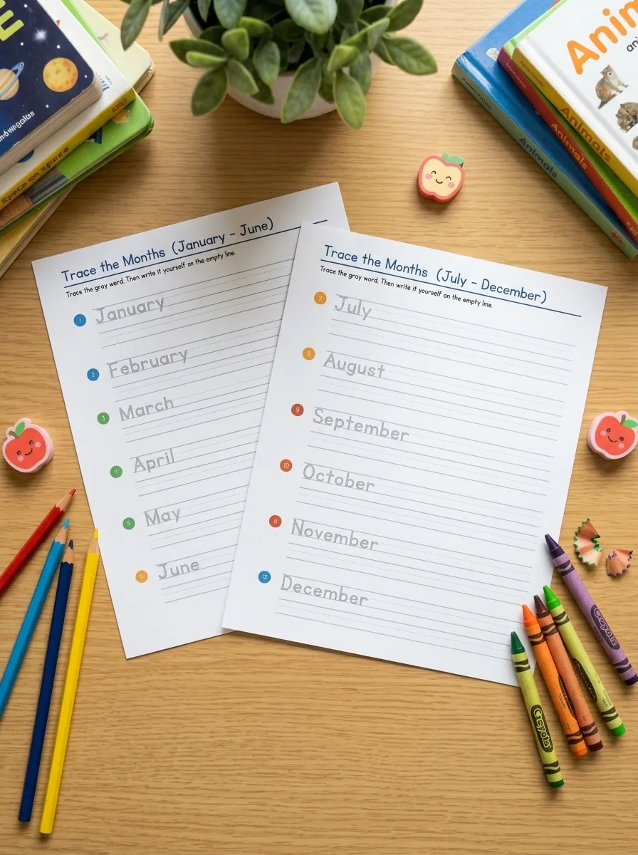 Trace the Months printable pages on a school desk with crayons, colored pencils, apple erasers, and children's books